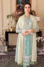 Embroidered Chiffon Dupatta - 2.50 Meter Embroidered Chiffon Shirt Front with Side Panels, Back & Sleeves – 4.09 Meter Dyed Inner & Trouser - 1.75 Meter Embroidered Borders for Front, Back & Sleeves on Organza.